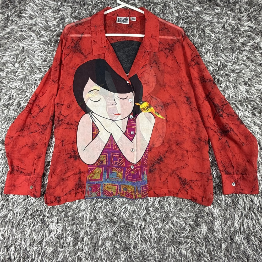 Chico's Design 100% Silk Red Artistic Girl Bird Graphic Button Down Shirt Size 3